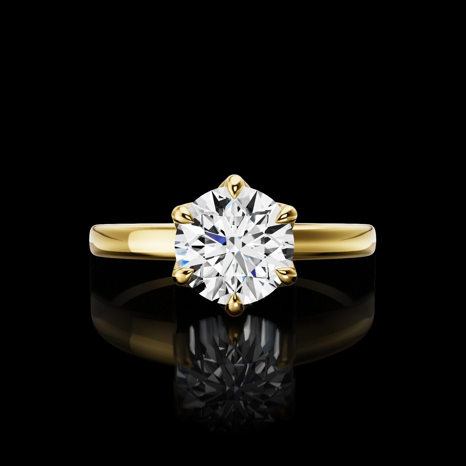 A round brilliant diamond in a six-prong yellow gold solitaire setting